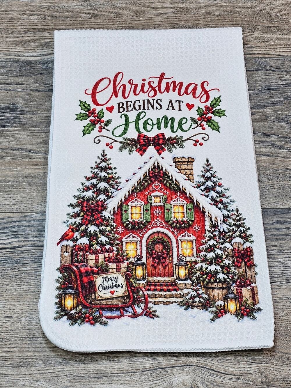 Christmas Begins at Home Kitchen Towel Farmhouse Holiday Cottage Christmas Decor